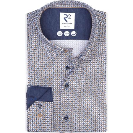 R2 Amsterdam Overhemd blauw, Bedrukt