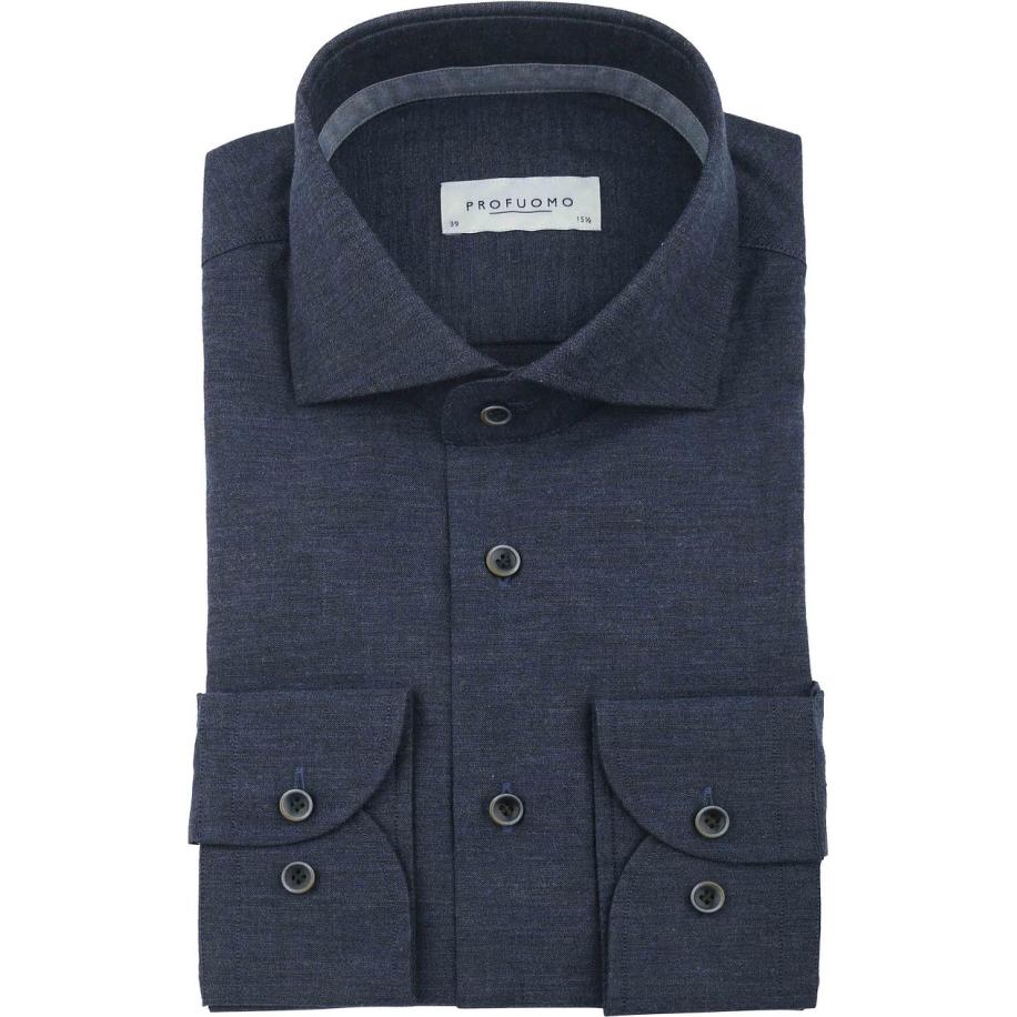Profuomo Overhemd Flanel Donkerblauw Blauw