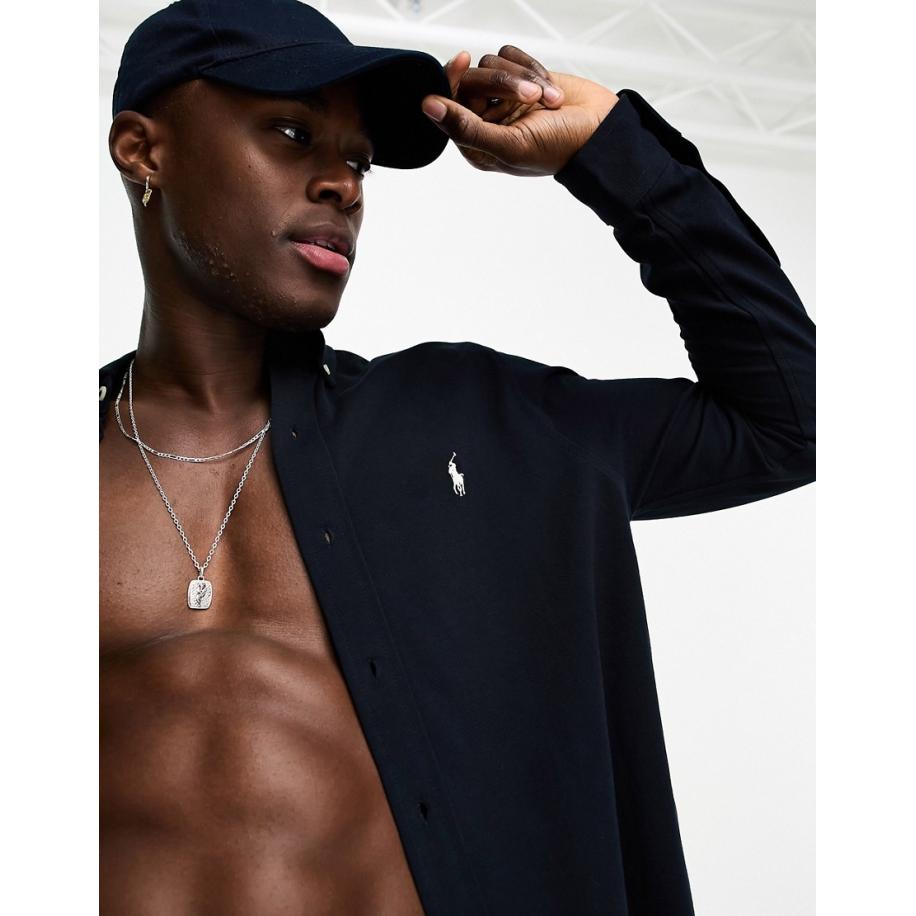 Polo Ralph Lauren - Piqué overhemd met iconisch logo en knopen in marineblauw Blauw