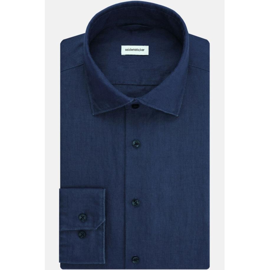 Seidensticker Linnen Overhemd donkerblauw, Effen Blauw