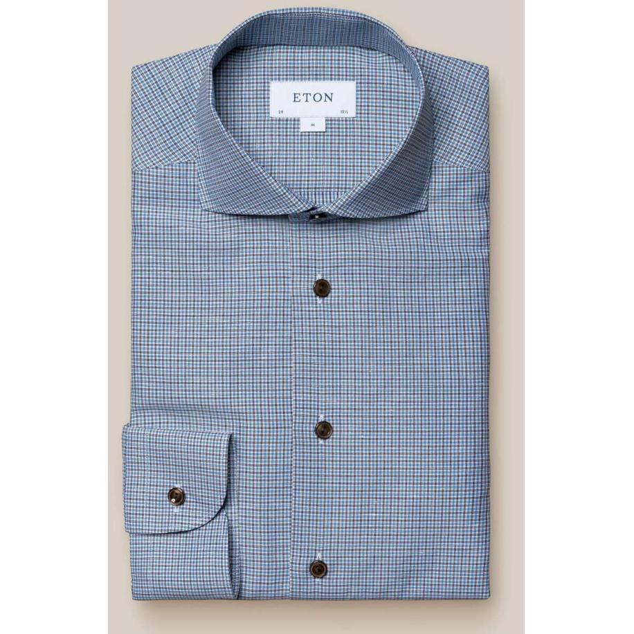 ETON Linnen Overhemd lichtblauw, Ruit Blauw