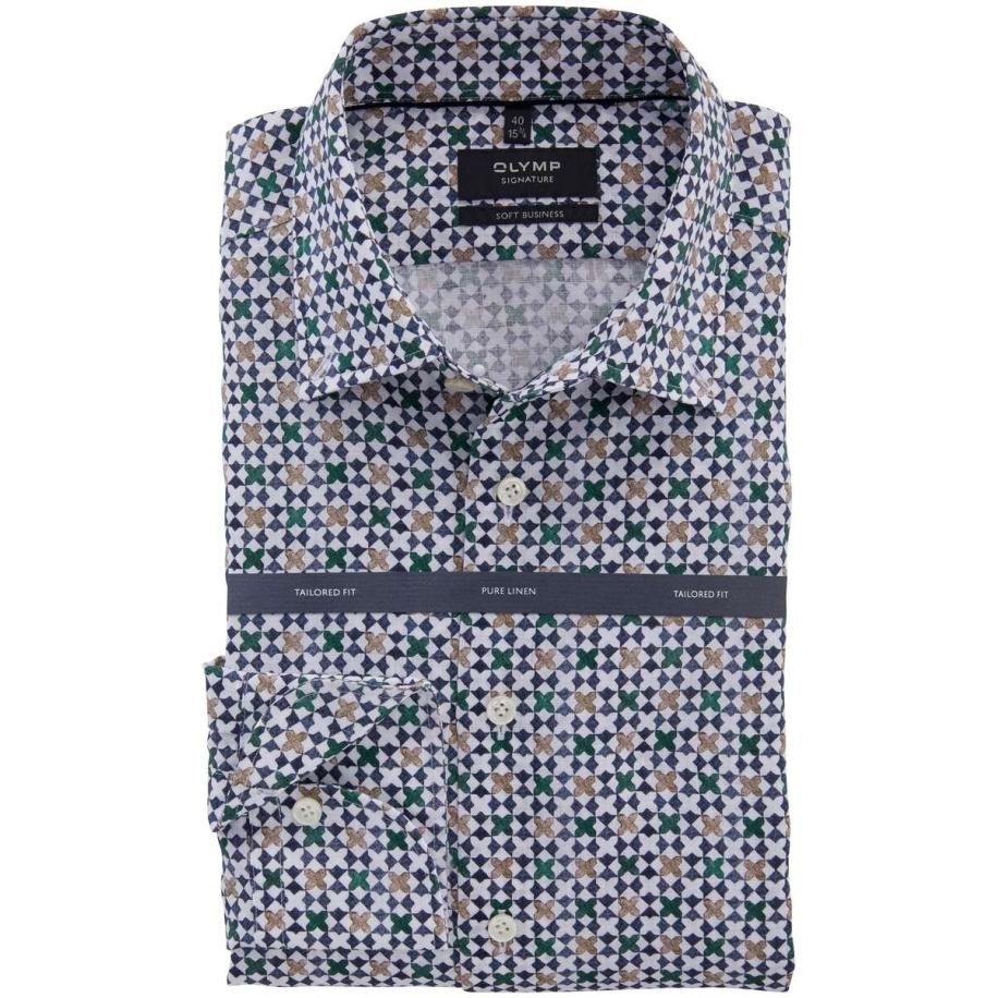 OLYMP SIGNATURE Soft Business Linnen Overhemd blauw/bruin/wit, Motief Multicolor
