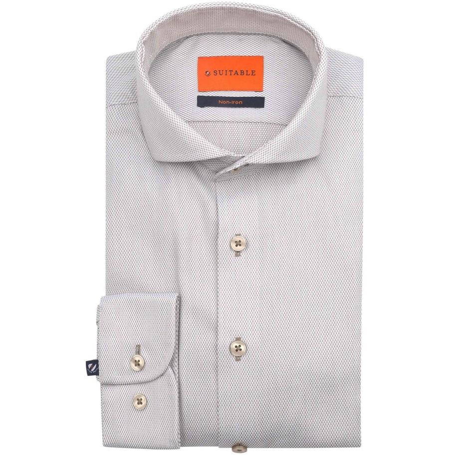 Suitable Overhemd Jacquard Luxe Beige Bruin