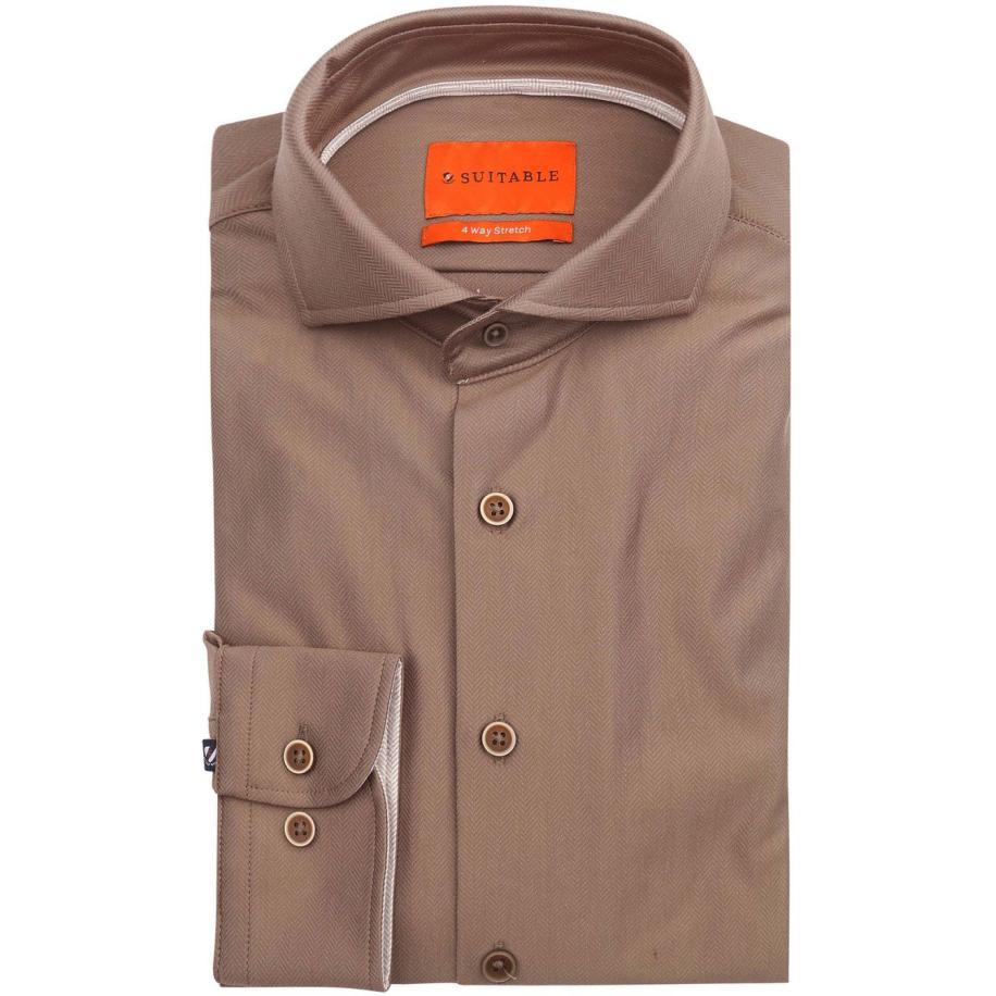 Suitable Herringbone Overhemd Taupe Bruin