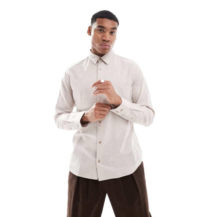 JJ Rebel - Overhemd van linnenmix met lange mouwen in beige-Neutraal Multicolor