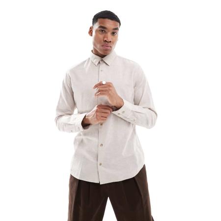 JJ Rebel - Overhemd van linnenmix met lange mouwen in beige-Neutraal