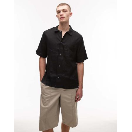 ARKET - Linnen overhemd met korte mouwen en voorzak in zwart
