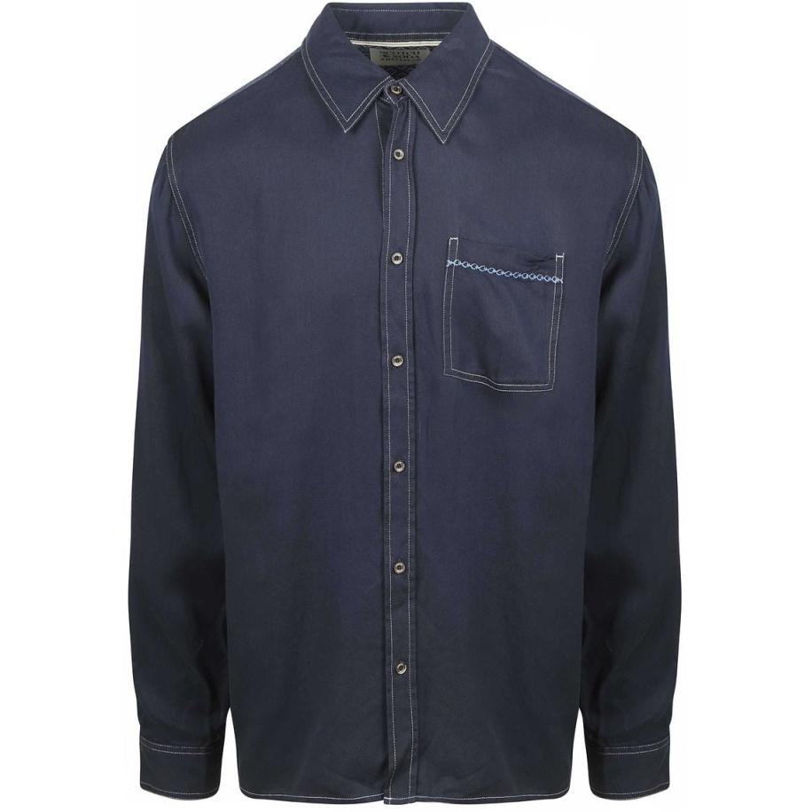 Scotch and Soda Overhemd Solid Tencel Navy Blauw