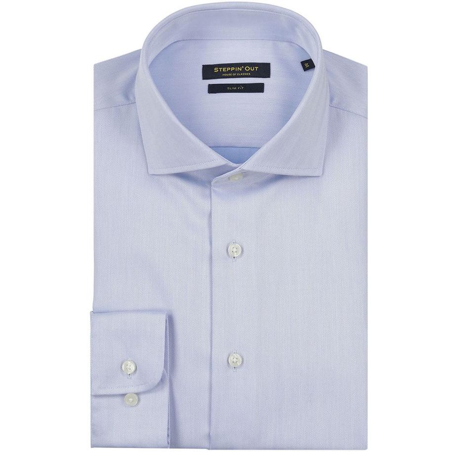 Steppin' Out Overhemd Slim-Fit Herringbone Lichtblauw Blauw