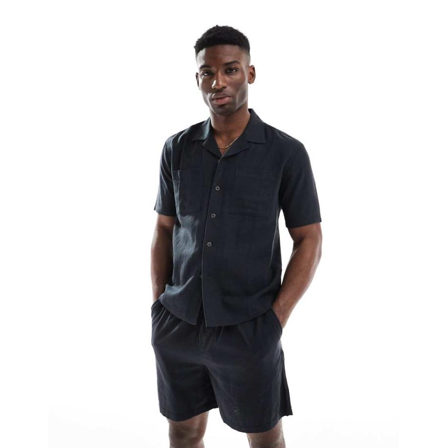 New Look - Recht overhemd van linnenmix met zakken in zwart, deel van co-ord set Zwart