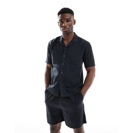 New Look - Recht overhemd van linnenmix met zakken in zwart, deel van co-ord set