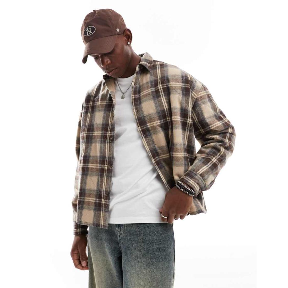 ASOS DESIGN - Oversized geruit overhemd met rechte pasvorm in neutrale kleuren-Neutraal Multicolor