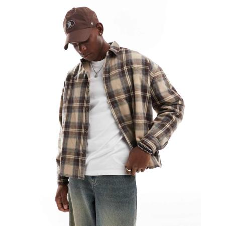 ASOS DESIGN - Oversized geruit overhemd met rechte pasvorm in neutrale kleuren-Neutraal