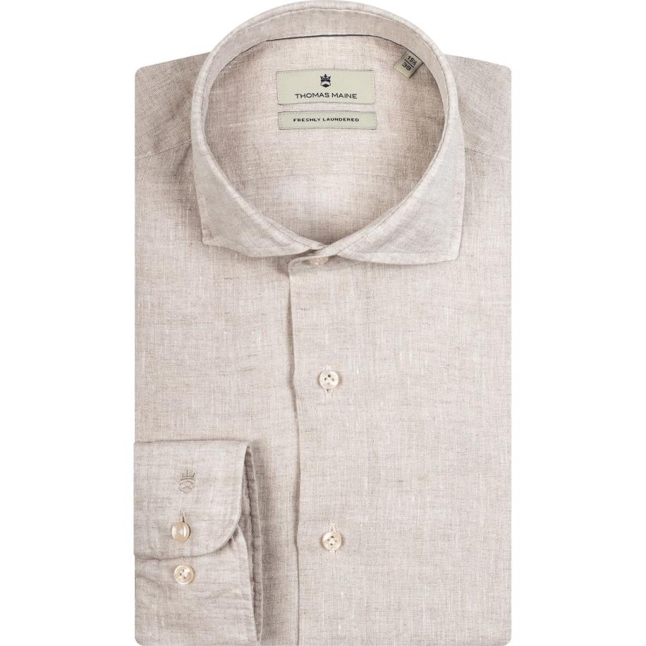 Thomas Maine Linnen Overhemd bruin, Effen Bruin