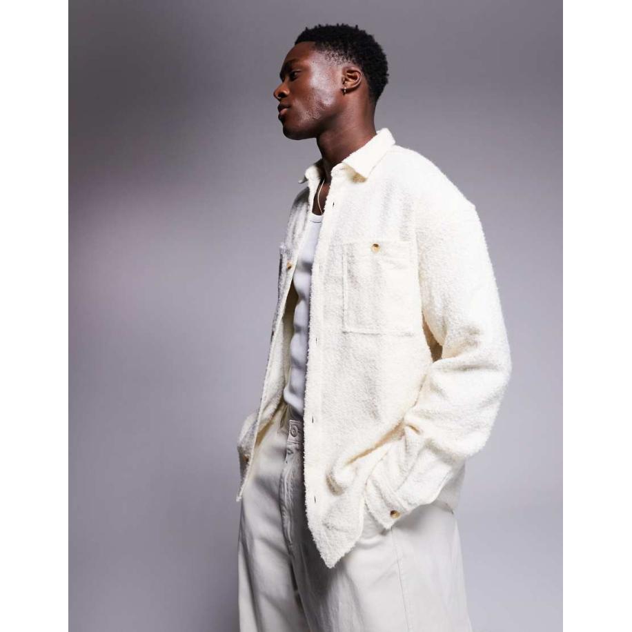 ASOS DESIGN - Getextureerd jaren 90 overhemd met oversized rechte kraag in ecru-Neutraal Multicolor