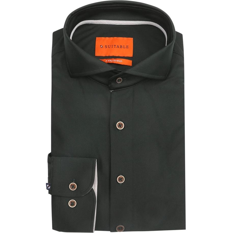 Suitable Herringbone Overhemd Donkergroen Groen