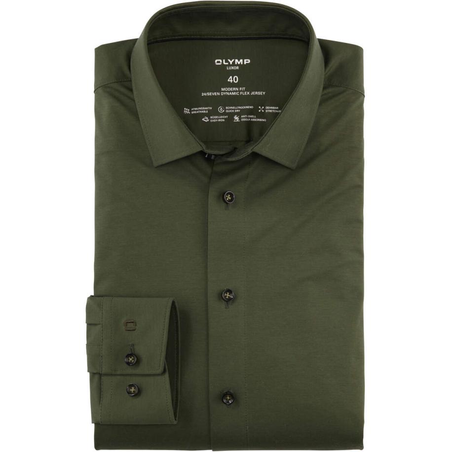 OLYMP Luxor 24/Seven Dynamic Flex Jersey shirt olijf, Effen Groen