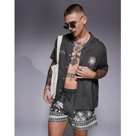 ASOS DESIGN - Recht overhemd met reverskraag en zomerprint in groen, deel van co-ord set