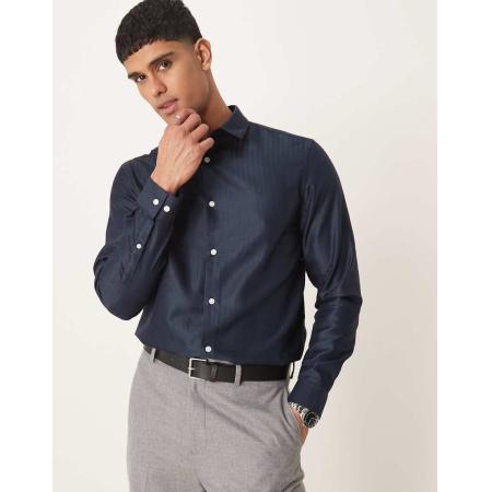 ASOS DESIGN - Net kreukvrij overhemd met visgraat-textuur en normale pasvorm in marineblauw