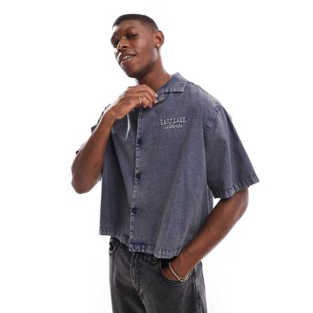 ASOS DESIGN - Recht oversized overhemd met reverskraag en ton-sur-ton borduursel op de borst in gewassen blauw