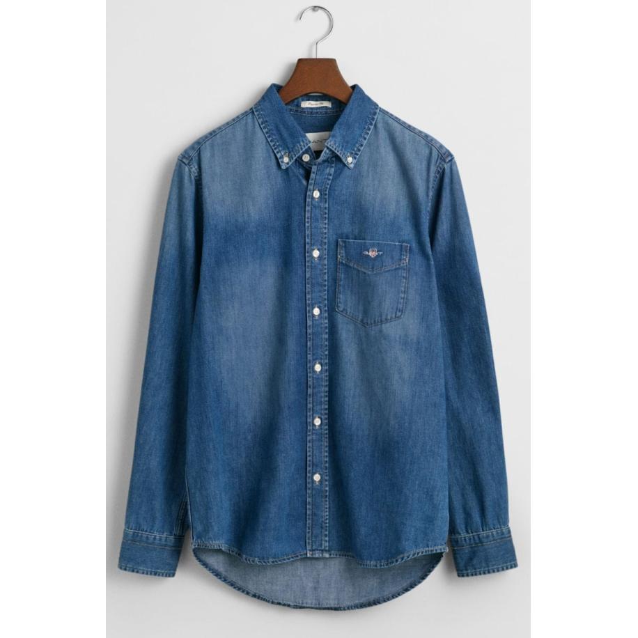 GANT Denim shirt blauw, Effen Blauw