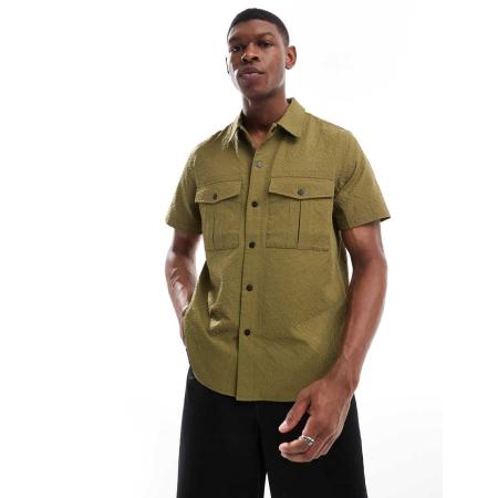 PS Paul Smith - Seersucker overhemd met korte mouwen in kaki-Groen