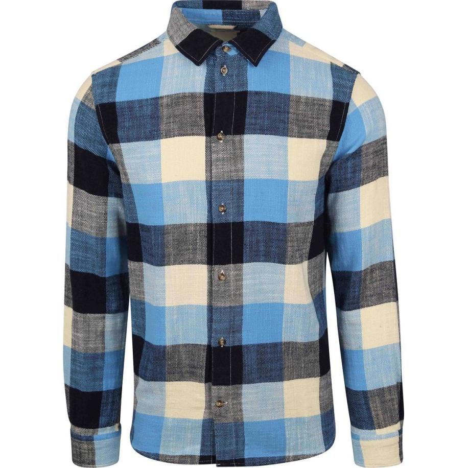 KnowledgeCotton Apparel Overhemd Blauw Ruiten Blauw