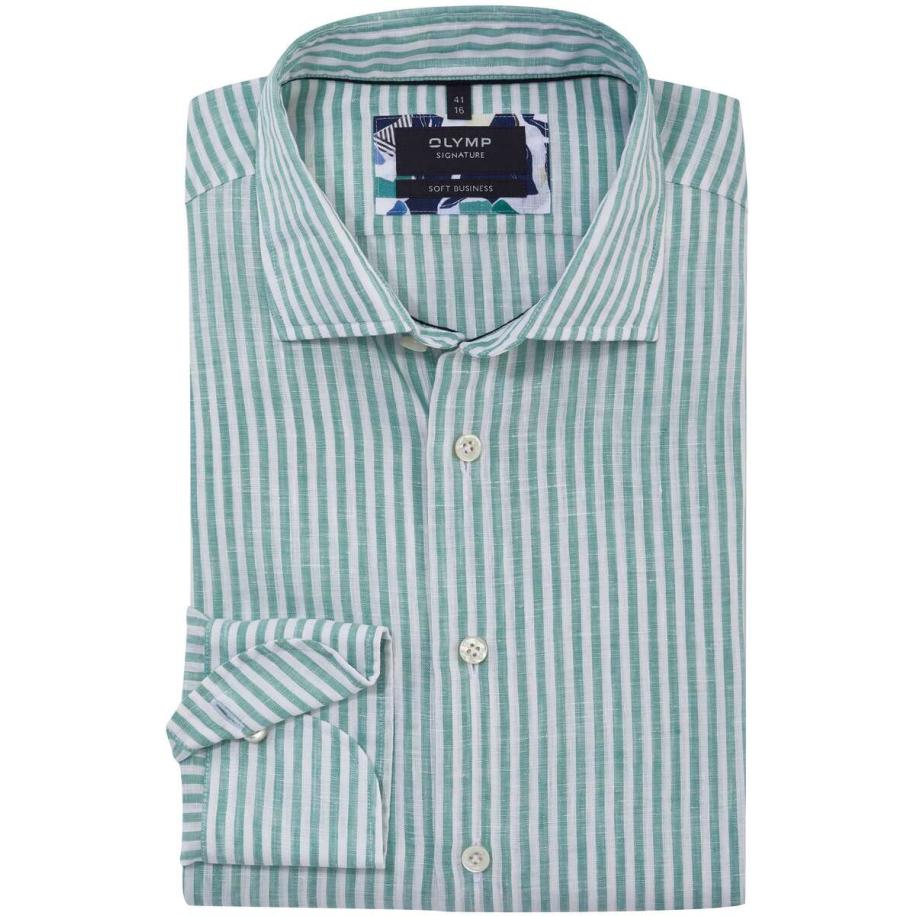 OLYMP SIGNATURE Soft Business Linnen Overhemd lichtgroen, Gestreept Groen