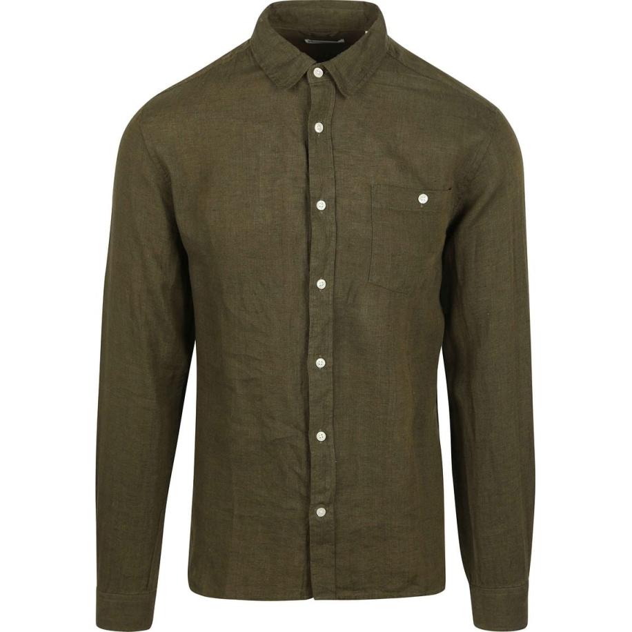 KnowledgeCotton Apparel Overhemd Linnen Olijfgroen Groen