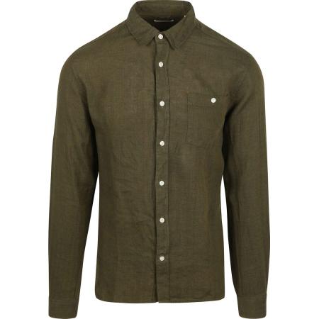 KnowledgeCotton Apparel Overhemd Linnen Olijfgroen