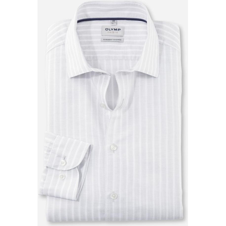 OLYMP Level Five Garment Washed Linnen Overhemd zilvergrijs, Gestreept Grijs