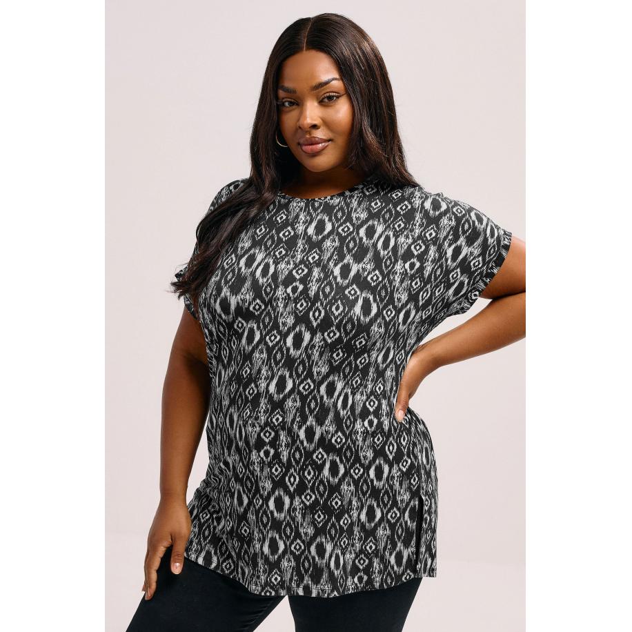 Yours Zwarte Ikat Print Jersey Top Size 54-56 Zwart