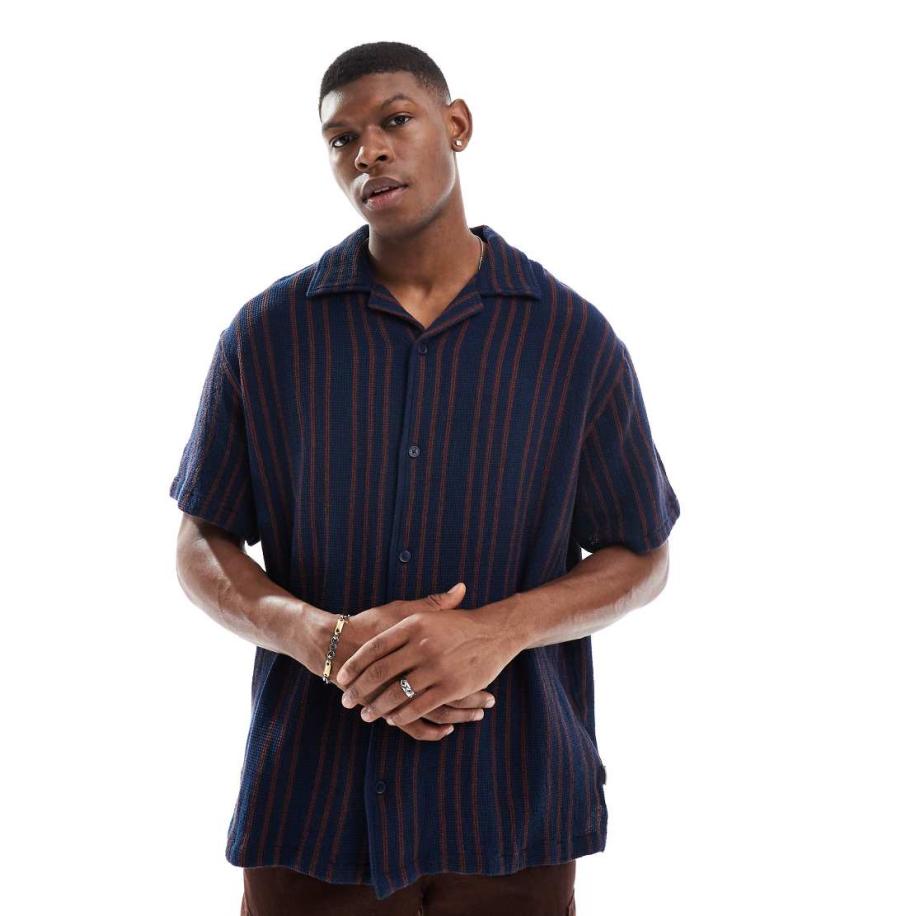 Wrangler - Geweven resort overhemd van dobby-katoen met korte mouwen en strepen in donkerblauw-Marineblauw Blauw