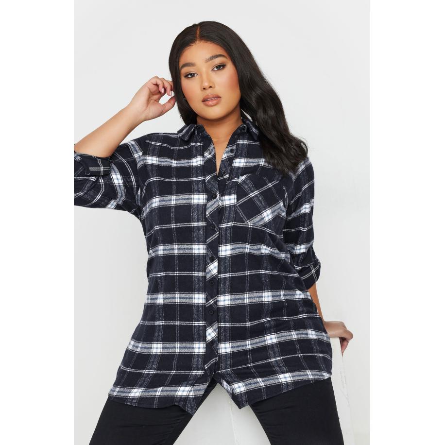 Yours Geruit Boyfriend Overhemd Van Katoen In Geborsteld Blauw/Zwart Size 46 Blauw