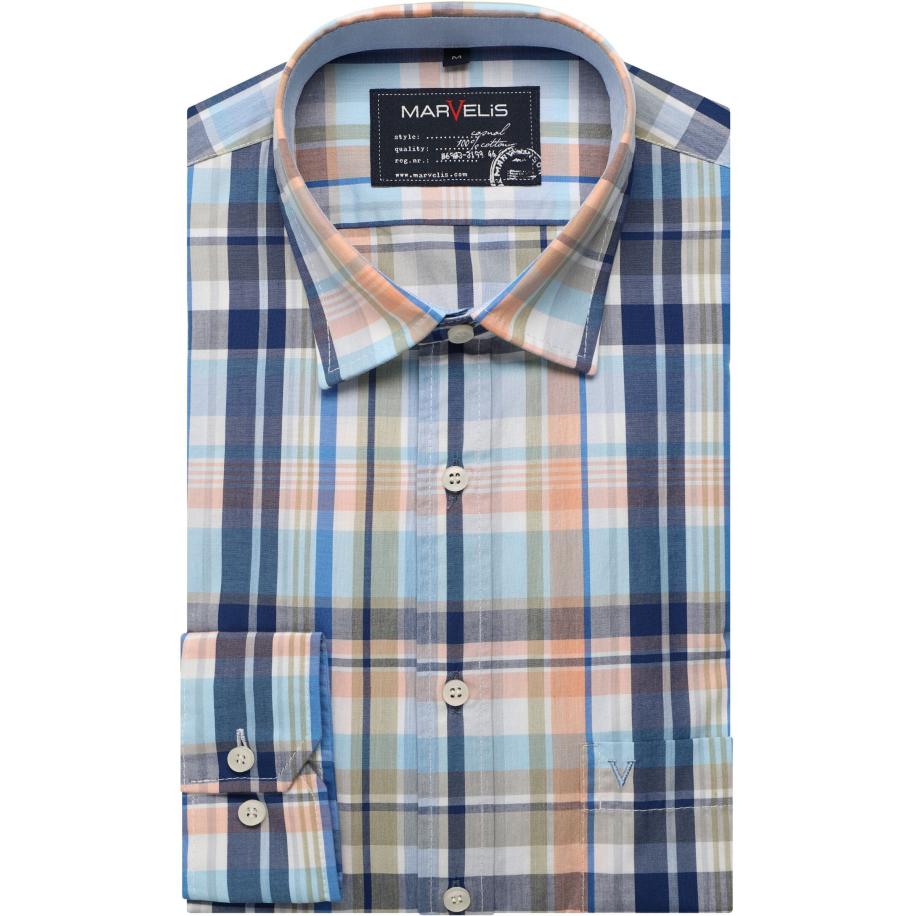Marvelis Casual Overhemd oranje/blauw, Ruit Multicolor