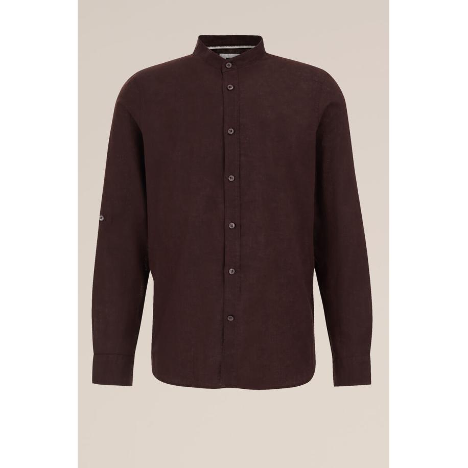 Fundamentals heren easy care overhemd van linnenmix met mao-kraag - Regular fit - Donkerbruin - Linnen - Maat: L Bruin