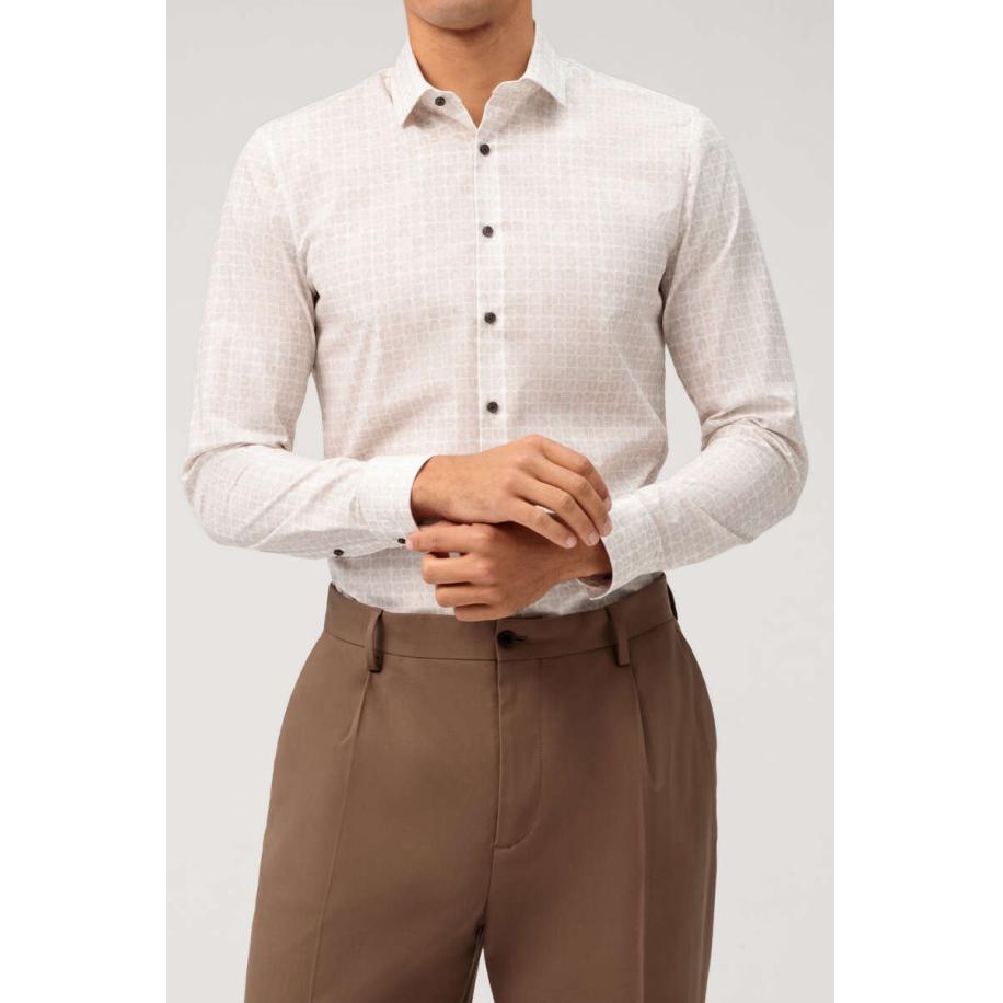 OLYMP No. Six Overhemd natuurlijk, Bedrukt Bruin