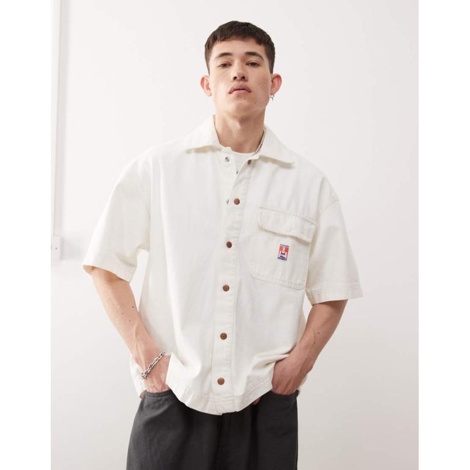 Wrangler - Casey Jones - Workwear - Los overshirt van keperstof met korte mouwen in ecru-Neutraal Multicolor