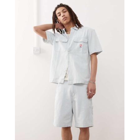 Wrangler - Casey Jones - Workwear - Denim overhemd met korte mouwen en strepen in lichte wassing, deel van co-ord set-Blauw