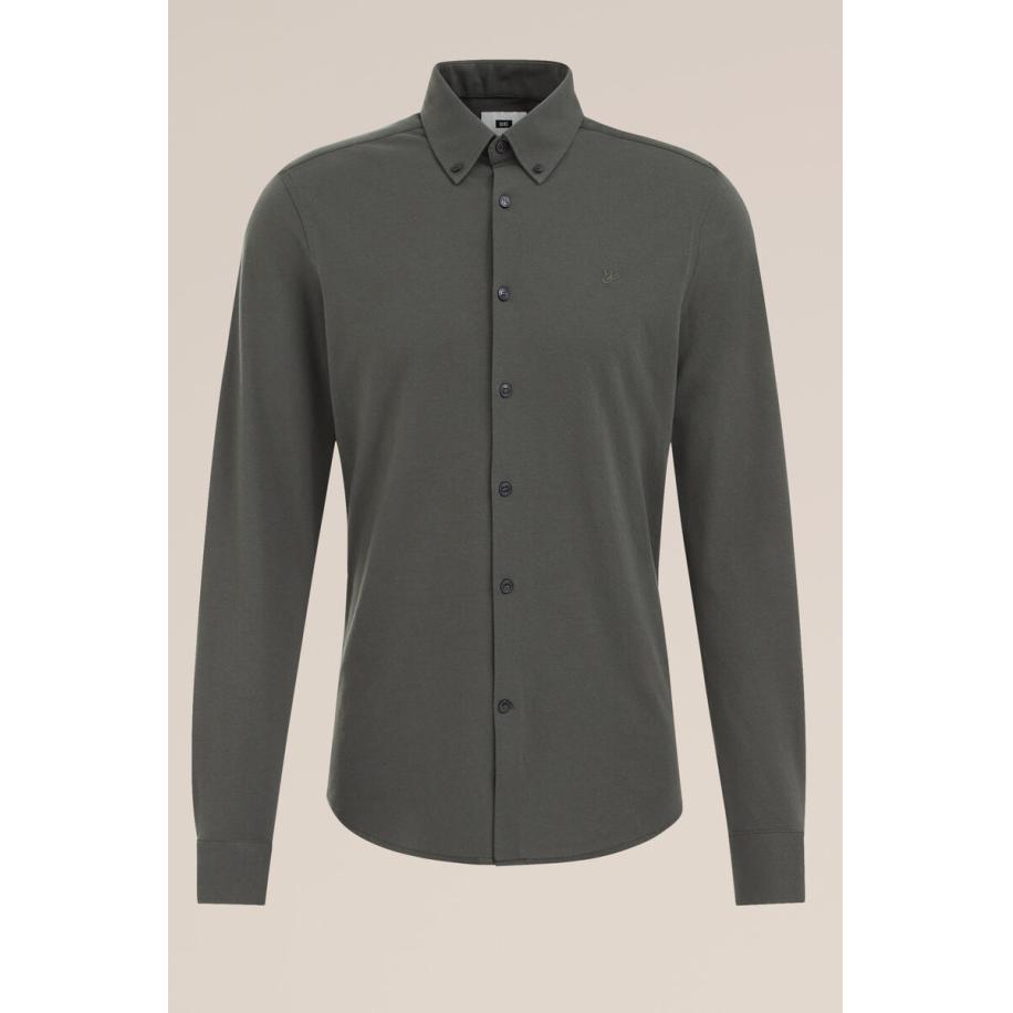 Fundamentals heren Slim fit overhemd van piquéjersey - Slim Fit - Legergroen - Katoen - Maat: XL Groen