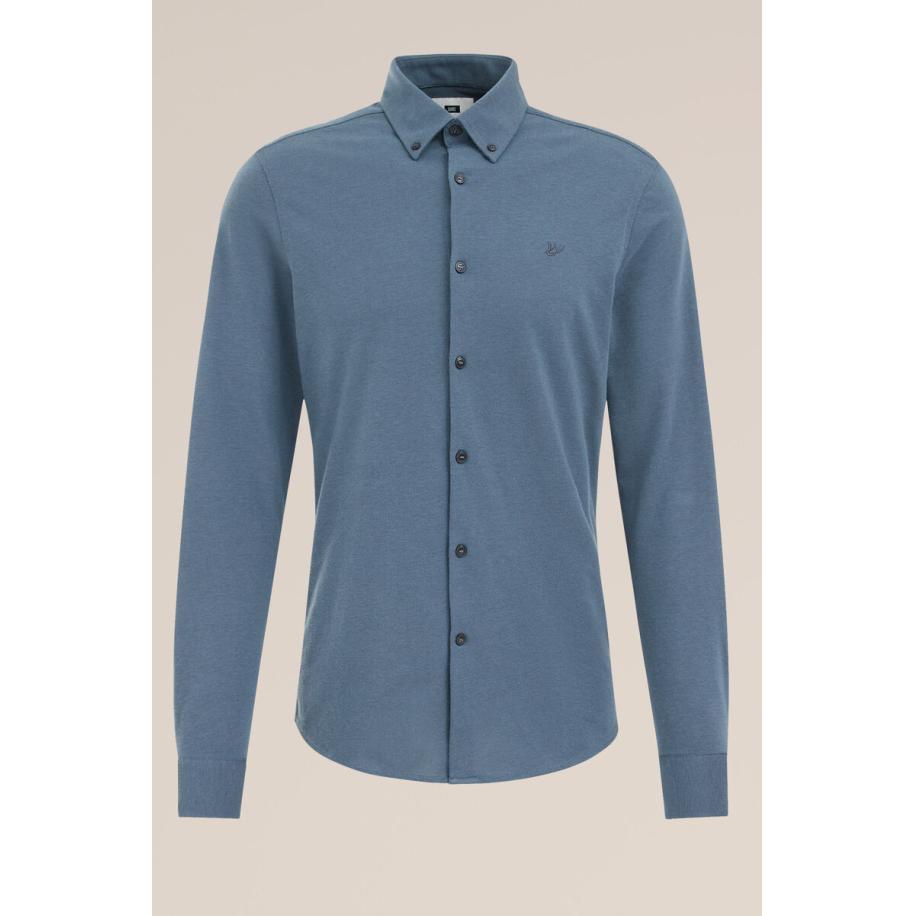 Fundamentals heren Slim fit overhemd van piquéjersey - Slim Fit - Grijsblauw - Katoen - Maat: S Blauw