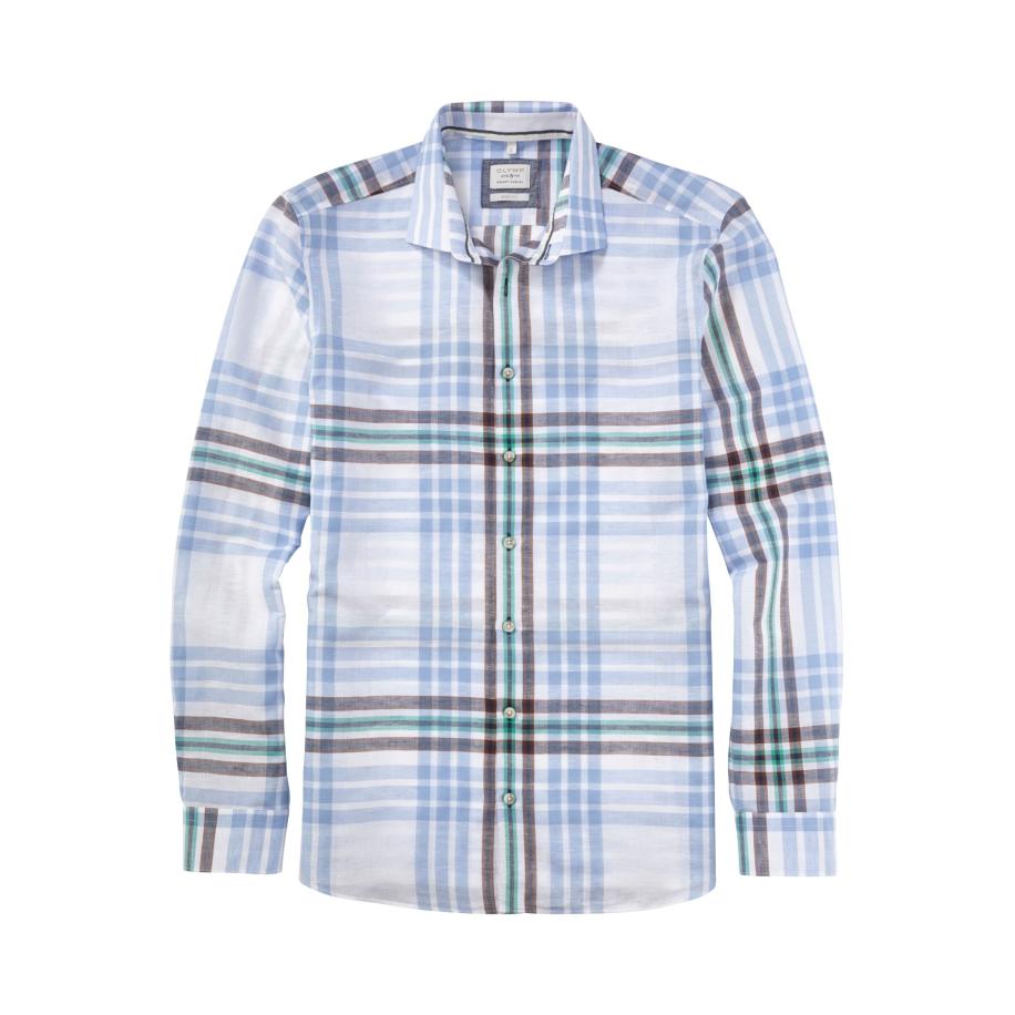 OLYMP Level Five Smart Casual Linnen Overhemd blauw, Ruit Blauw