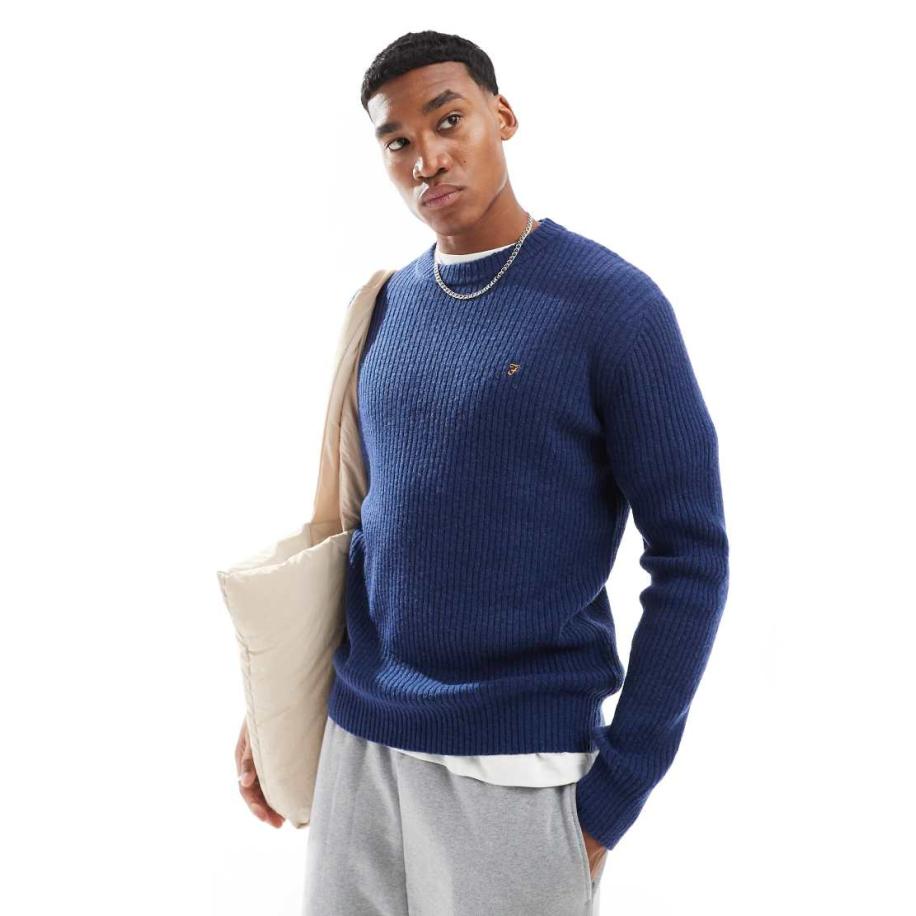 Farah - Halton - Gebreide geribbelde trui in marineblauw Blauw