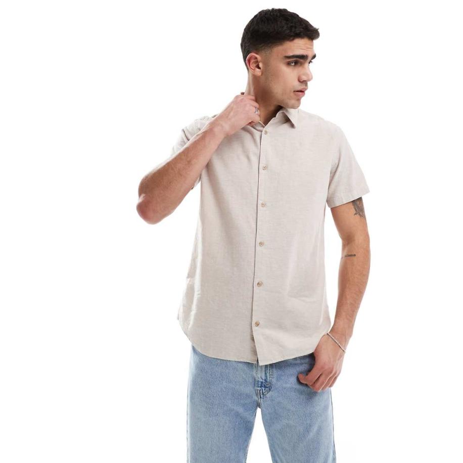 JJ Rebel - Overhemd van linnenmix met korte mouwen in beige-Neutraal Multicolor