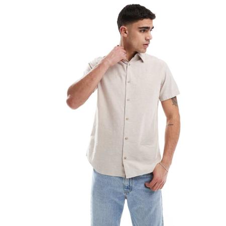 JJ Rebel - Overhemd van linnenmix met korte mouwen in beige-Neutraal