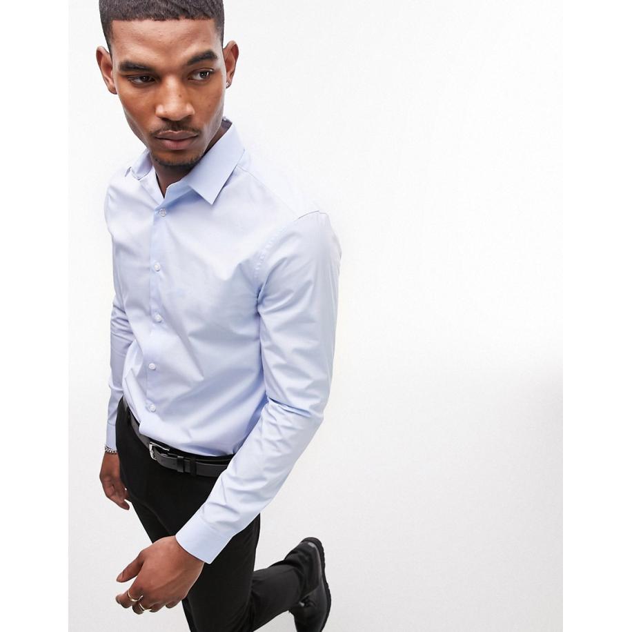 Topman - Net skinny overhemd met stretch en lange mouwen in blauw Blauw