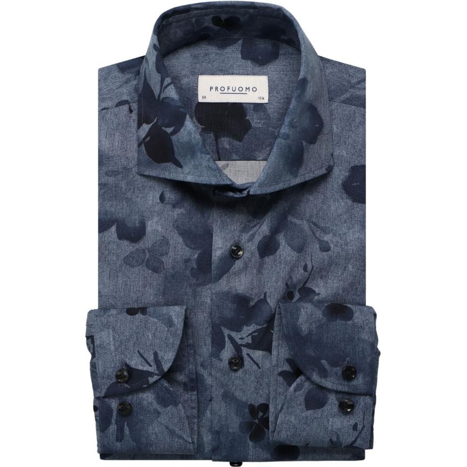 Profuomo Overhemd Marine, Bloemen Blauw