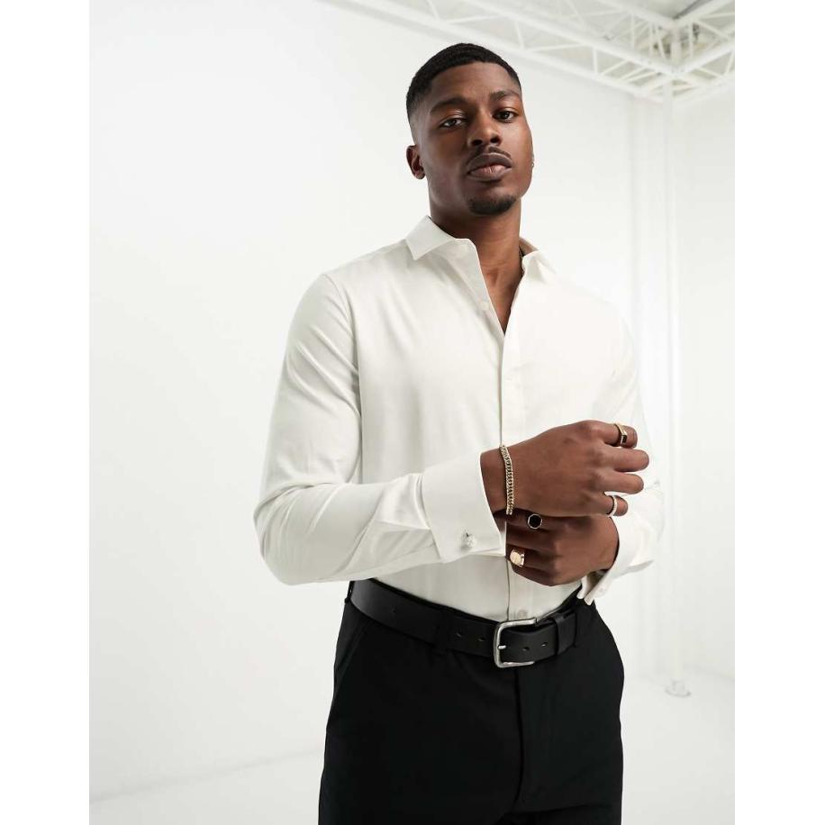 ASOS DESIGN - Kreukvrij slim-fit overhemd van keperstof met open kraag en dubbele manchetten-Wit Wit