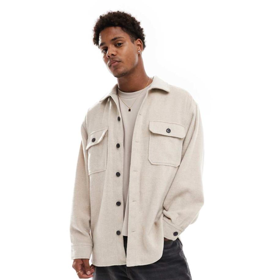 Jack & Jones - Geborsteld overshirt van zware keperstof in beige-Neutraal Multicolor