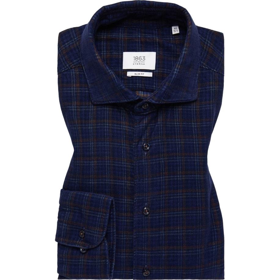 ETERNA 1863 ribfluwelen overhemd marine, Ruit Blauw